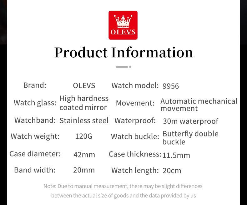 OLEVS 9956 Original Automatic Mechanical Watch for Men Dual Calendar Luminous Business Dress Men's Wristwatches