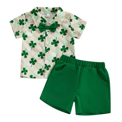 Toddler Boy Irish Shorts Set Clover Striped/Plaid Short Sleeve Button-up Bow Tie Shirt Elastic Waistband Shorts