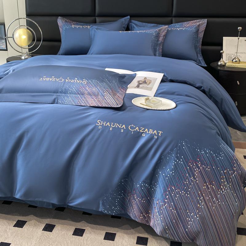 Four-piece set of pure cotton bedding, high-density embroidery, simple light luxury, high-end cotton four-piece set