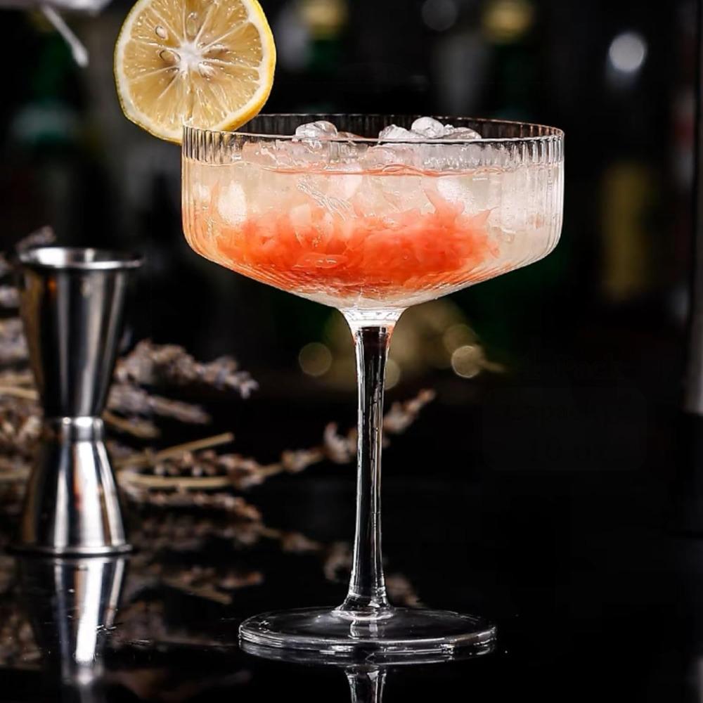 4ks Akrylové Vintage Art Deco Nerozbitné Sklenice Kupé na Martini Víno Šampaňské a Koktejlové Sklenice Plastové Žebrované Sklenice 11,5oz