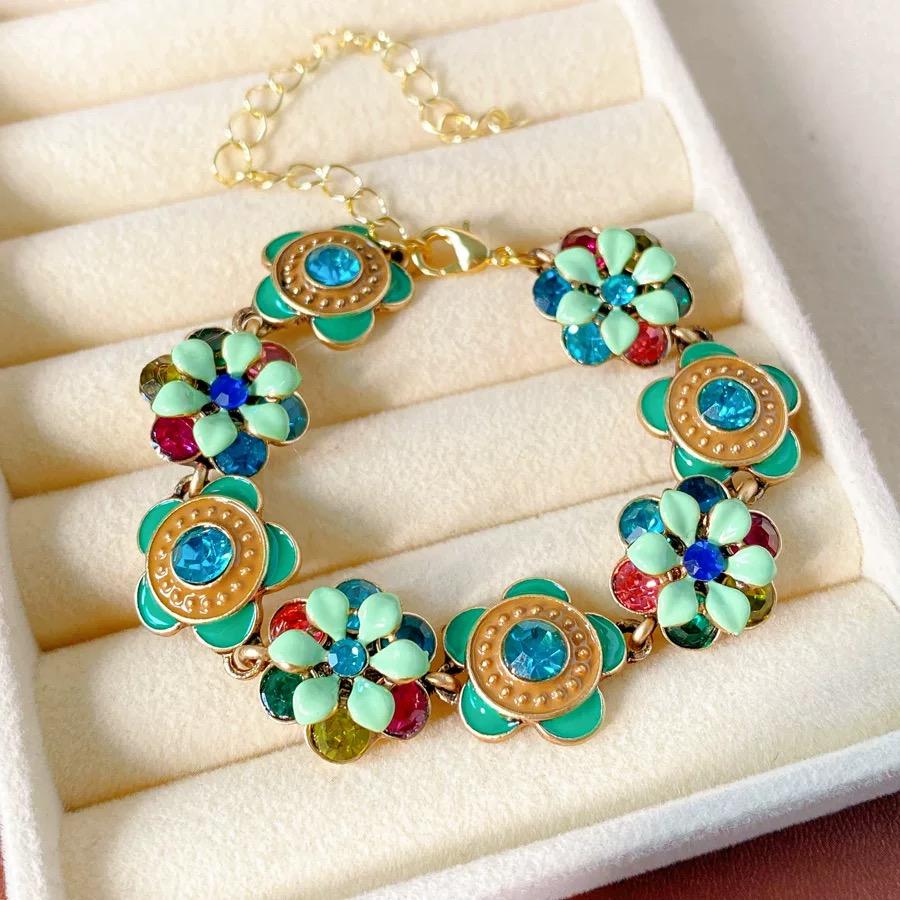 Vintage Enamel Floral Necklace Earrings Bracelet Set Retro Luxury Court Style Jewelry