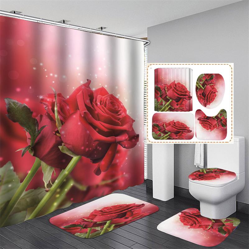 20 barev Rose Print 3D sprchový závěs s háčky Vodotěsný Koupelnový závěs Protiskluzová sada podložek do vany Toaletní koberečky Koberec Domácí dekorace