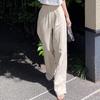 Women's High Waist Cotton Linen Drawstring Pants - Floor-Length, Breathable, Casual, Slimming Straight Leg Trousers for Summer.