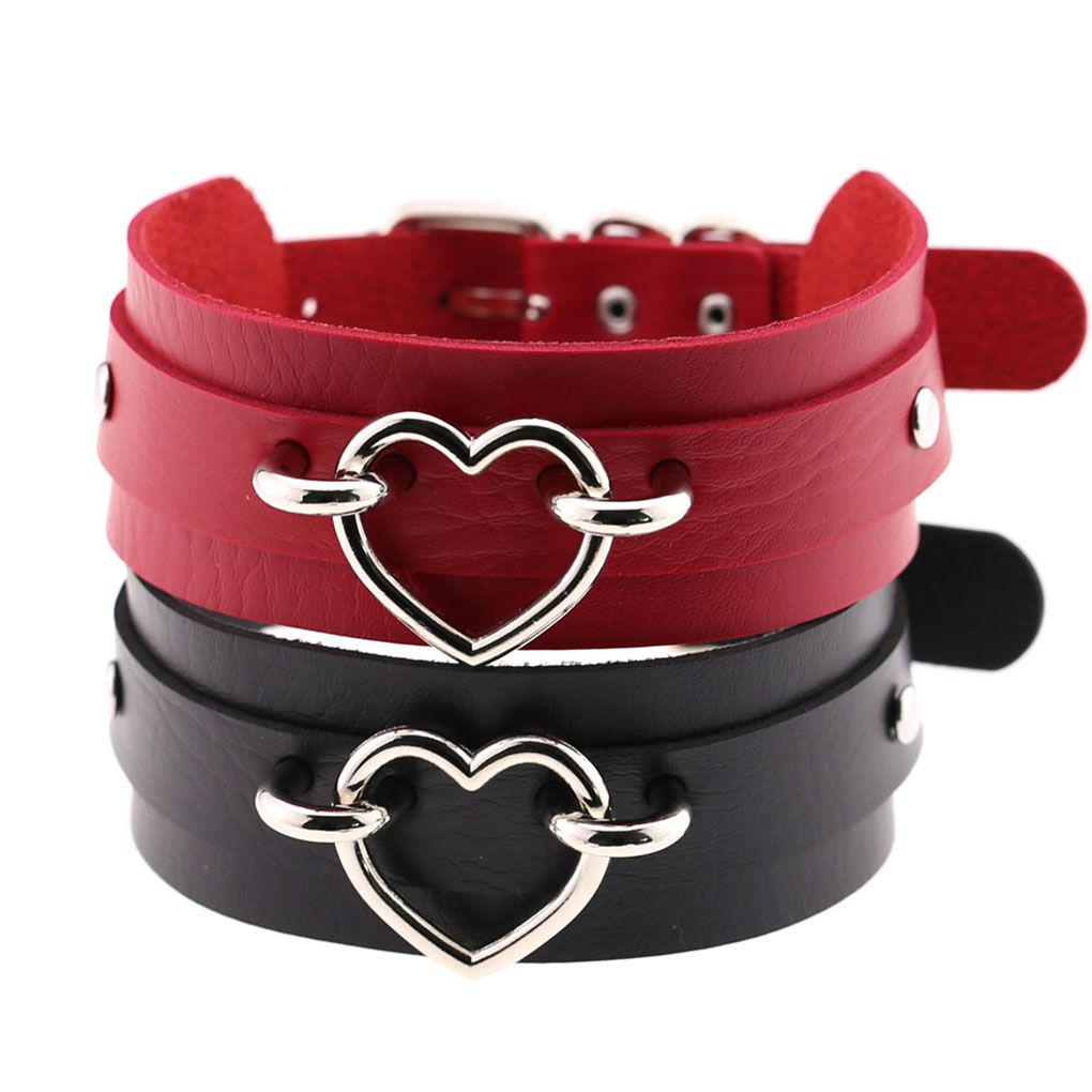 PU Imitation Leather Gothic Punk Choker Short Necklace Hollow Heart Shape Connector Choker