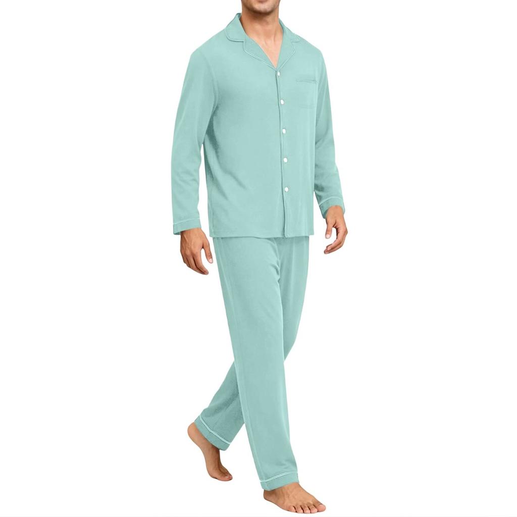 Men's Comfortable Button-Down Pajama Set Long Sleeve Loungewear for Sleep and Home