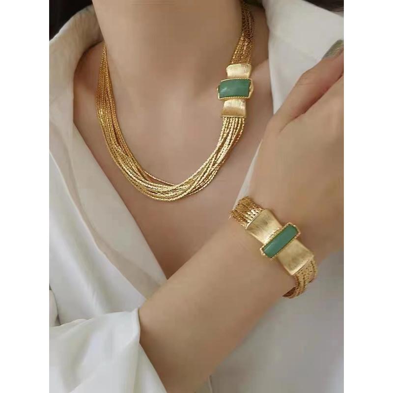 Light Luxury European American Fashion Retro Style Elegant Gold Chain Inlaid Turquoise High-End Short Necklace Bracelet Set