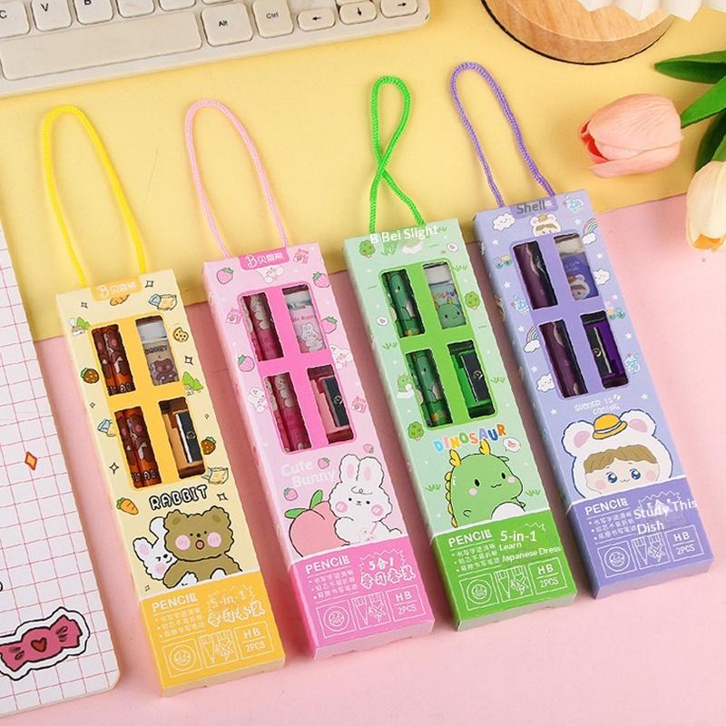 5 In 1 Pencil Set Portable Stationery Prize Cute Cartoon Stationery Gift Box Set School Supplies Writing Tool Stationery Set