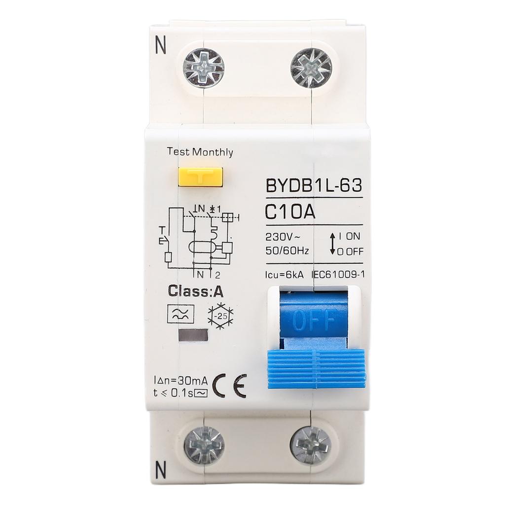 Circuit Breaker 1P+N Leakage Protection Switch 10A 230V AC DIN Rail MCB for Home