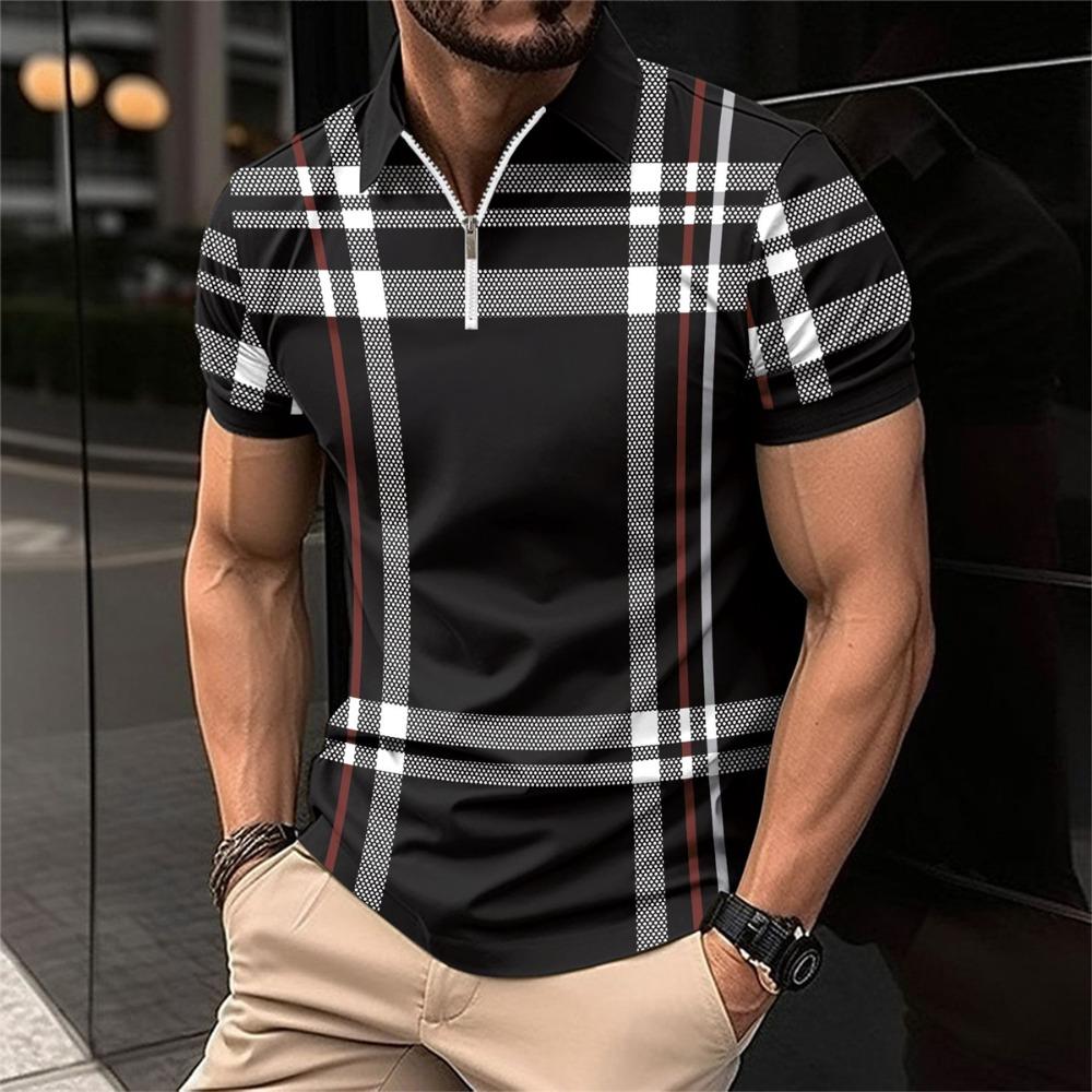 Men's collar and zipper short sleeved polo shirt, striped printed casual business T-shirt, comfortable, summer