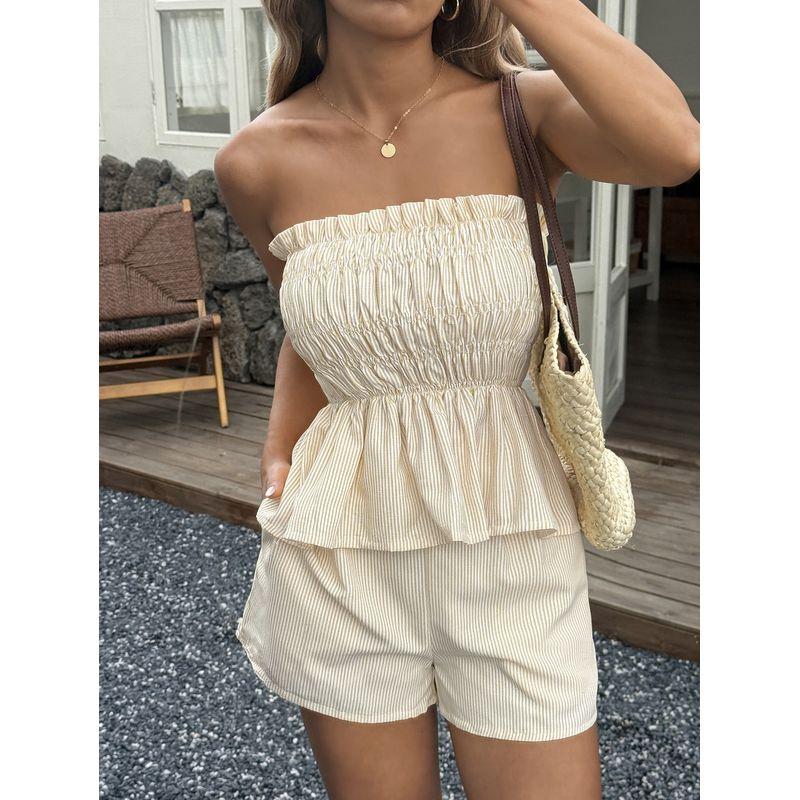 Western Style New Fashion Stripe Print Tube Top Top Shorts Two-Piece Set Top and Shorts Set