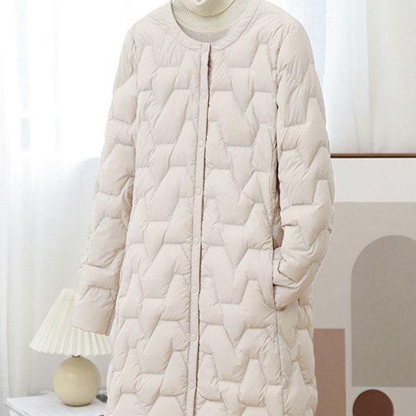 Women's Mid-Length Lightweight Down Jacket - Autumn/Winter, Round Neck, Collarless, Korean Style Trendy Outerwear