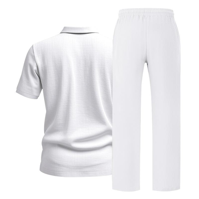 Men Linen Two Piece Set Short Sleeve Polo Shirt Drawstring Straight Leg Beach Trousers