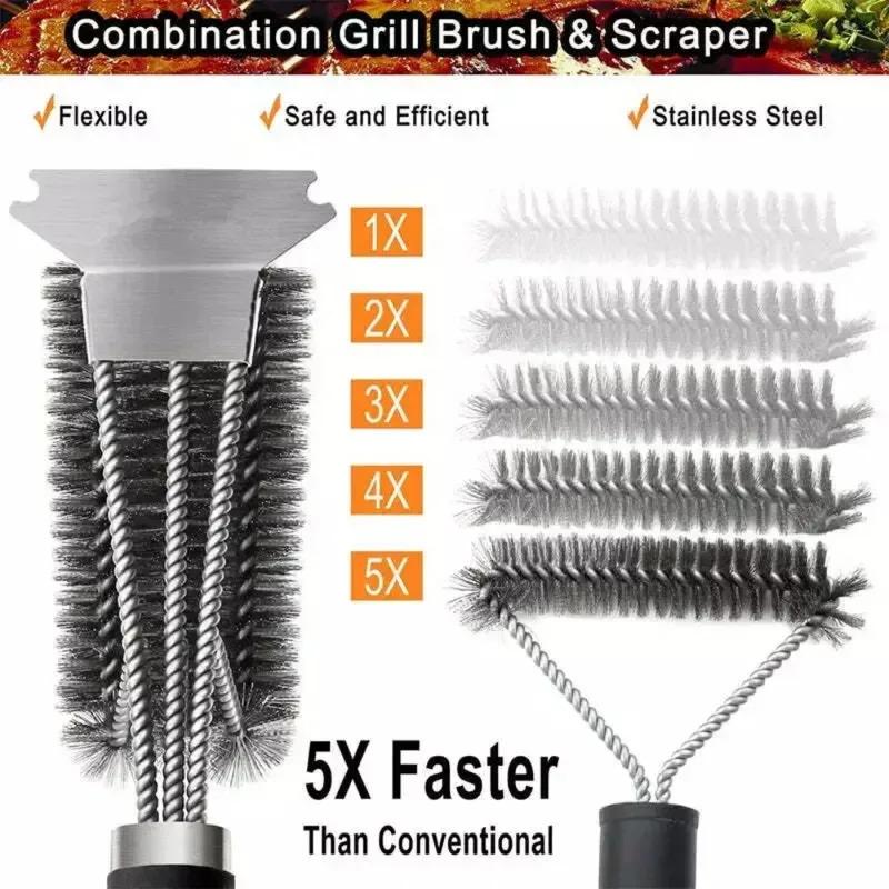 1pcs Wire Bristles BBQ Brush and Scraper Triple Scrubber Safe Efficient Grill Clean Brush for Outdoor Barbecue Essential Tools