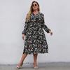 Women Chic A Line Dress High Waist Slim Fit V Neck Long Sleeve Printed Lace Up New Autumn Winter XL 5XL