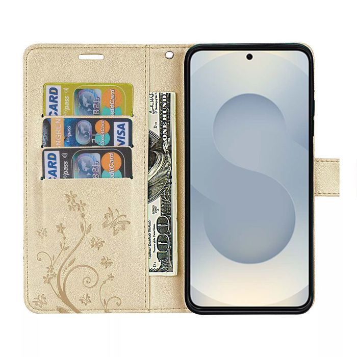 Hülle für Samsung Galaxy S25 Plus (S25+) - BOOLING - Synthetisches Leder mit Blumen- und Schmetterlingsmuster - Goldfarben