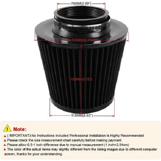 3-inch Cold Air Intake Filter 76mm, High Performance Clamp-On Engine Black