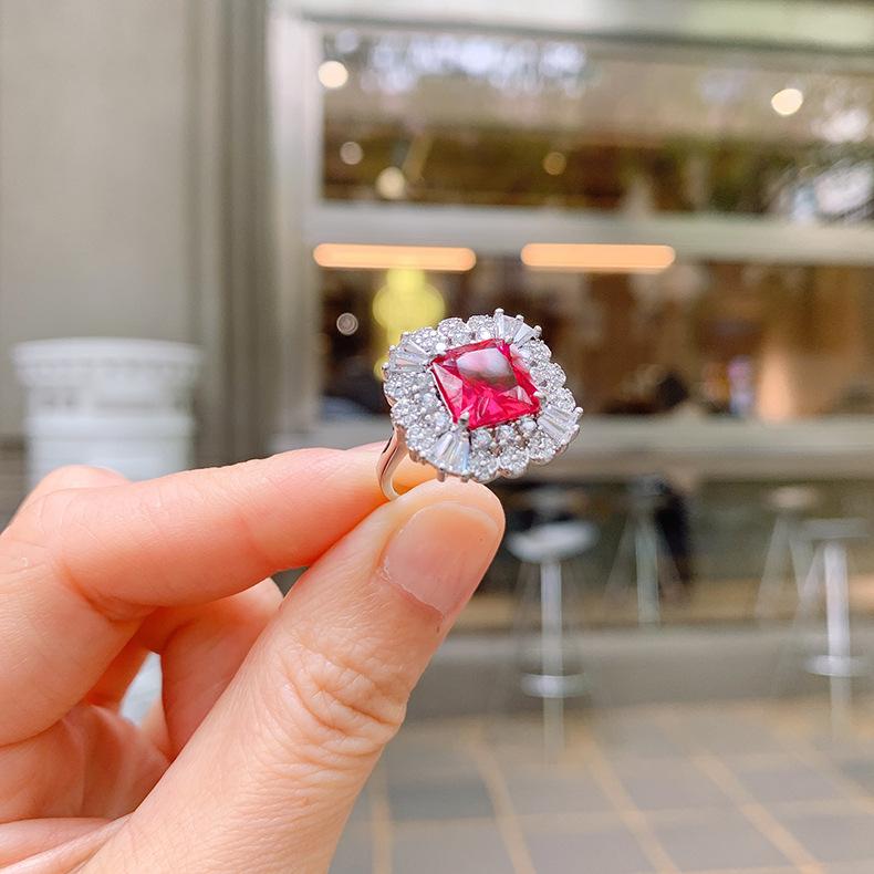 Cross Border Paraiba Electroplating Simulation Simple Zircon Ring Women Square Blue Socialite Opening