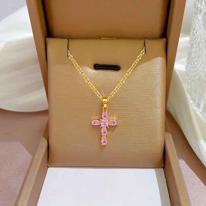 CAOSHI Trendy Cross Pendant Necklace Female Brilliant Zirconia Jewelry for Party Fashion Gold Color Accessories for Anniversary