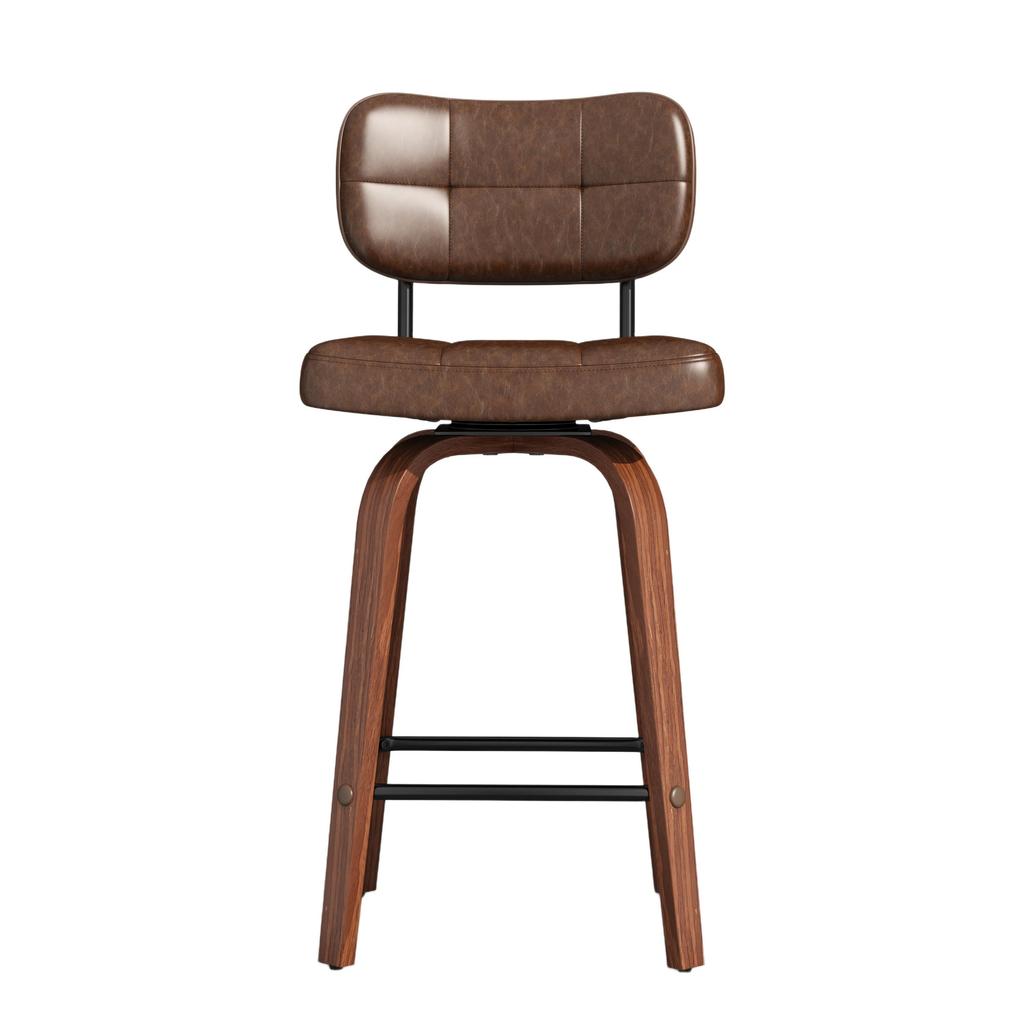 Bar Stool Curve – Swivel PU Upholstered Stool with Curved Wood Sickle Backrest & Metal Frame, 360 Degrees Swivel, Set of 2