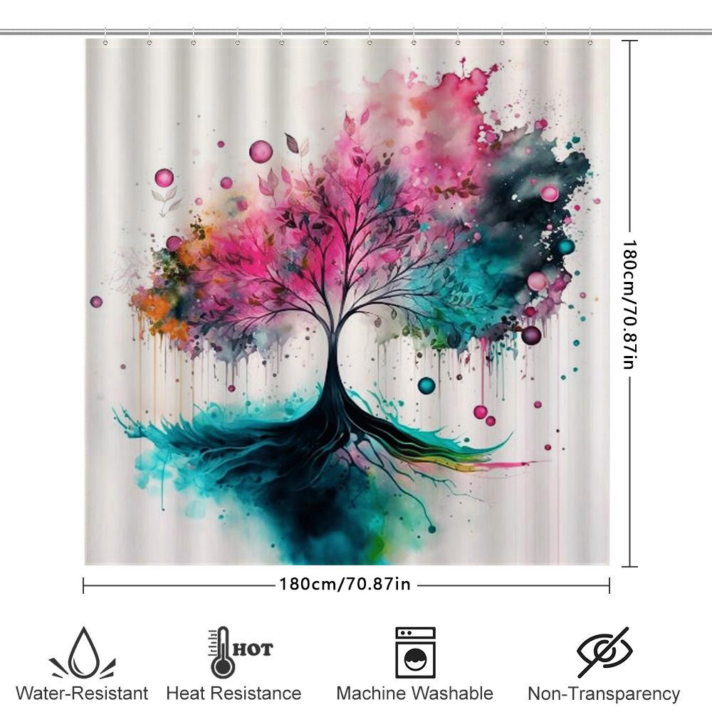 Vibrant Watercolor Shower Curtain Pink Blue Leaves Tree Design For Bathroom Decor