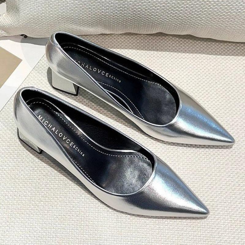 Women's Thick Heel Shoes Spring New Pointy Toe Shallow Mouth Slip-off Anti-slip Wear-resistant High Heels