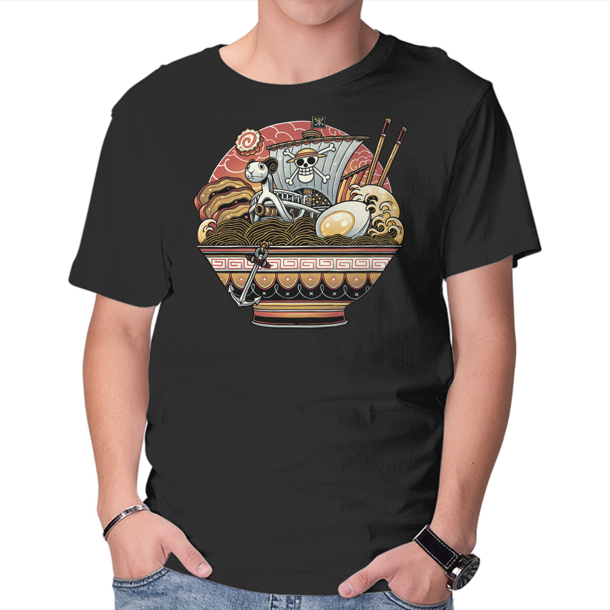 Unisex Crew Neck T-Shirt Ahoy Noodle Pirates Graphic Short Sleeve Casual Tee L