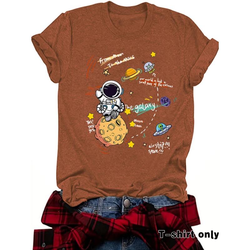 Damen T-Shirt mit Astronauten-Print Kurzarm Lockeres Mode-T-Shirt