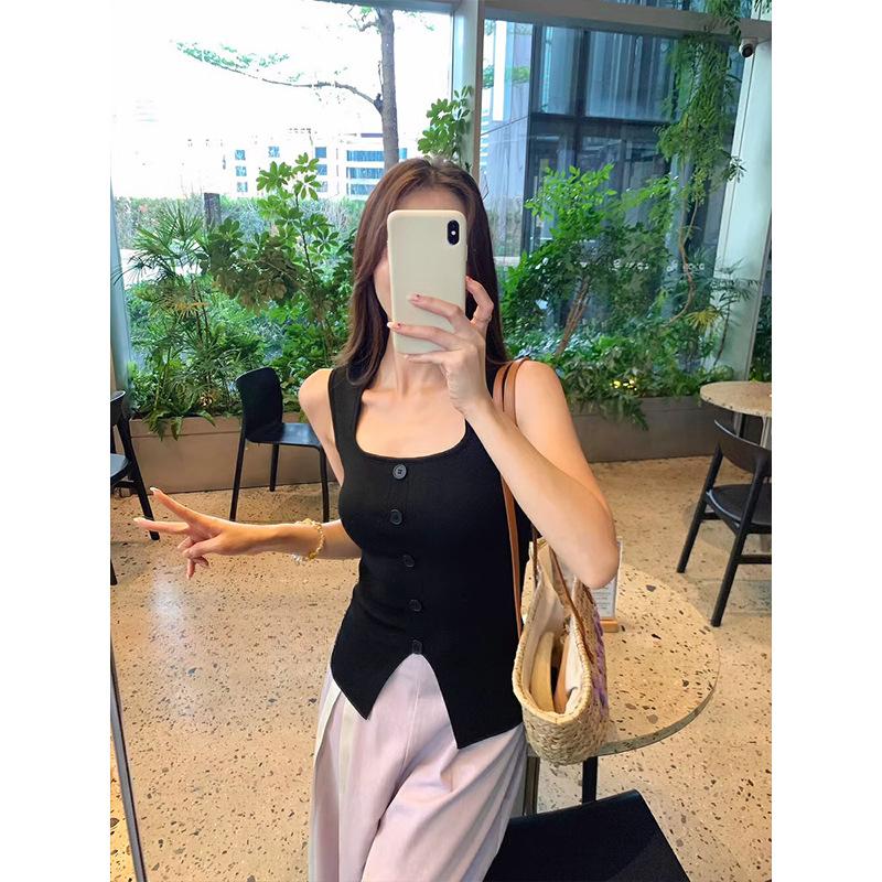 

Новый летний дизайн облегающего короткого топа без рукавов с разрезом для женщин, носящих вязаный топ-халтер one size чёрный