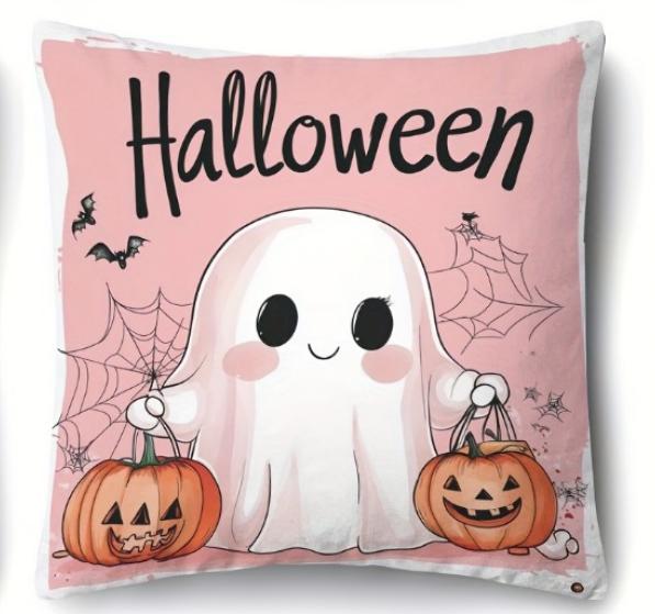 1pc Pink Halloween Cushion Cover with Ghost Pumpkin Pattern Doft Washable Cover for Holloween Themed Party Sofa Chair Decoration