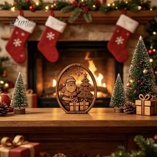Holiday Desktop Decorations 3Pcs Christmas Santa Claus And Tree Ornaments, Wooden Oval Table Natural Wood Crafts Centerpiece, Solid Ornament for Home