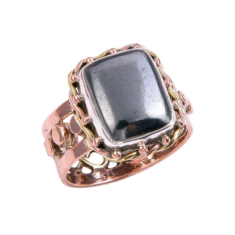 Natural Gunmetal Gemstone Two Tone 925 Sterling Silver Jewelry Ring S.7.5 J9J96
