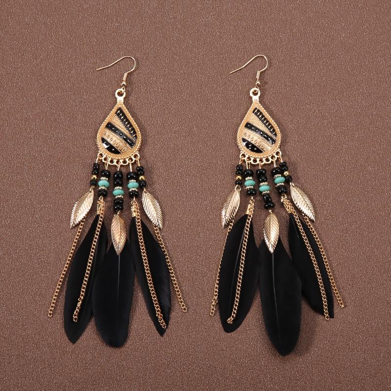Feather Fringed Earrings Women's Water Drop Long Ethnic Style Retro Temperament Versatile Exaggerated Earrings