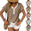 Korte Mouw Gestreept Gebreide Top met V-hals en Knopen Losse Pasvorm Pullover Casual Zomerblouse voor Dames