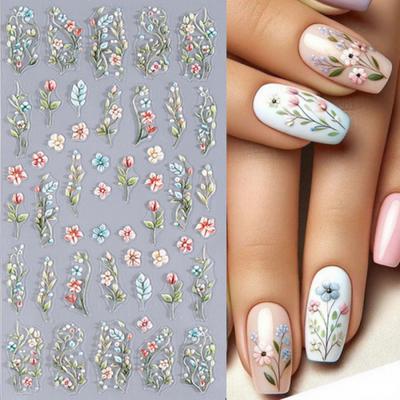 5D Embossed Flower Nail Stickers DIY Spring Summer Colorful Floral Nail Art Self-Adhesive Decals for Women Manicure Decoration