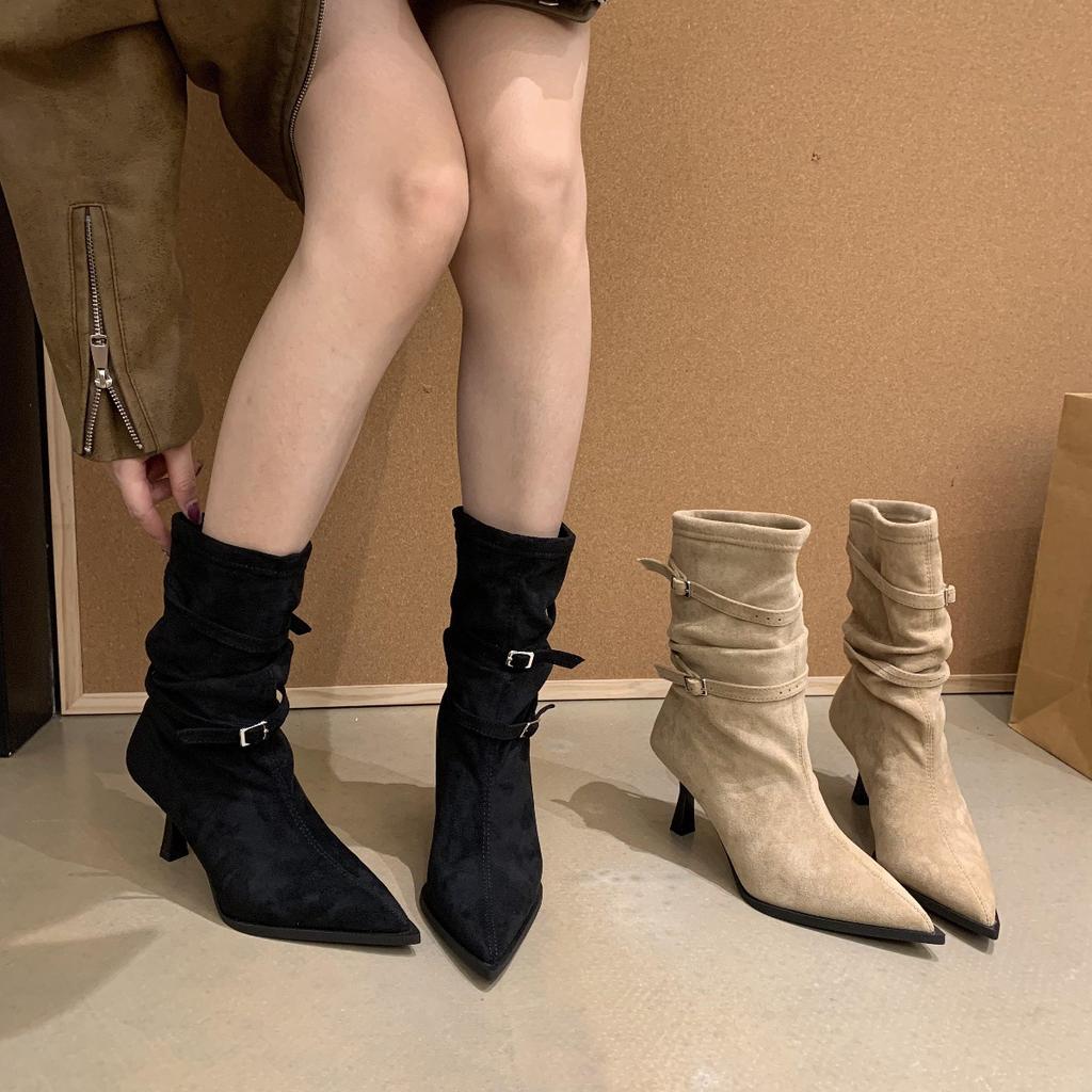 Suede Pointed Heels Pleated Pile Boots 2025 Belt Buckle Skinny Boots