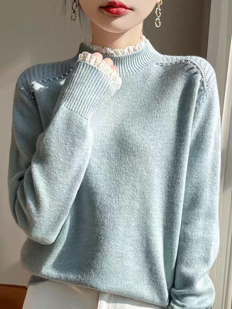 Women's Lace High Neck Wool Base Layer Sweater - Stylish & Warm Autumn/Winter Inner Wear.