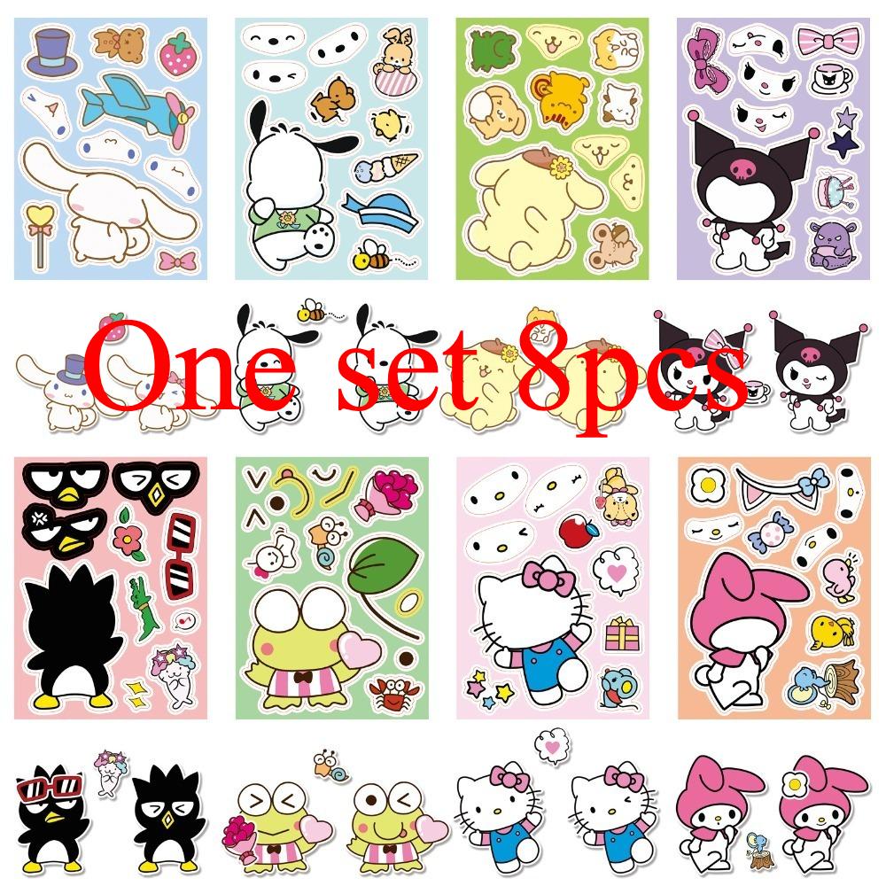 8 Sheets/Pack Sanrio Face Changing Stickers Cute Cartoon Make A Face Diy Puzzle Sticker Toy
