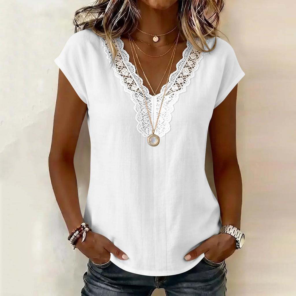 Women Casual Pullover Top V Neck Lace Trim Stitching Short Sleeve Blouse Lightweight Loose Fit Shirt for Everyday Wear
