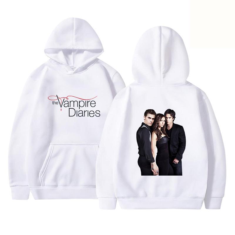 The Vampire Diaries Print Hoodie Unisex Pullover TV Show TVD Damon Stefan Elena Character Graphic Hooded Sweatshirt Casual Long Sleeve Streetwear