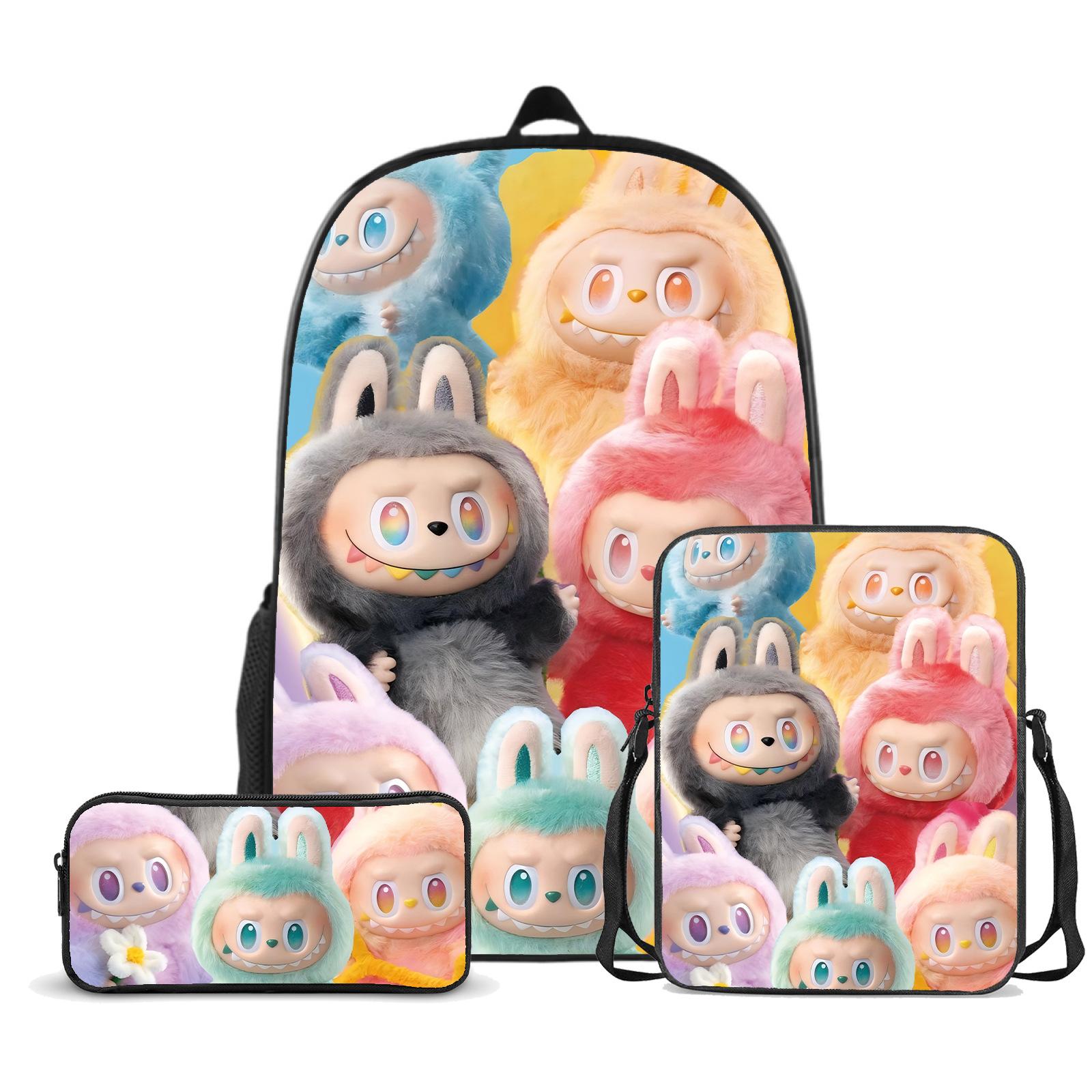 

School Bag Labubu Three-piece Large-capacity Primary and Secondary School Student School Bag Men s and Women s Cartoon Backpack schoolbag + pencil bag + satchel bag