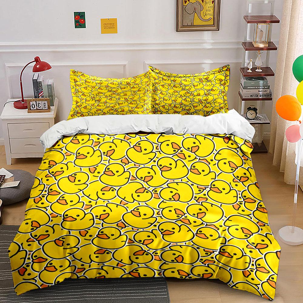 Yellow cartoon duck pattern Print Bedding Set 1 Duvet Cover 2 Pillowcases for Adult and Children Luxury Gift Full Size