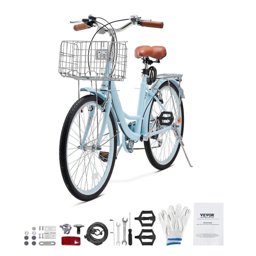 26-Inch Cruiser Bike 7-Speed Light Blue Beach Cruiser Bike with Basket