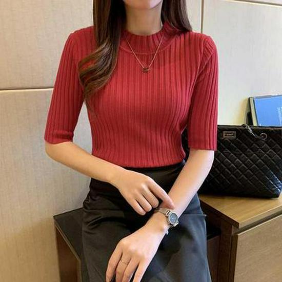 Pulover Tricotat Slim cu Mâneci Medii pentru Femei, Stil Coreean, Primăvară/Toamnă 2024