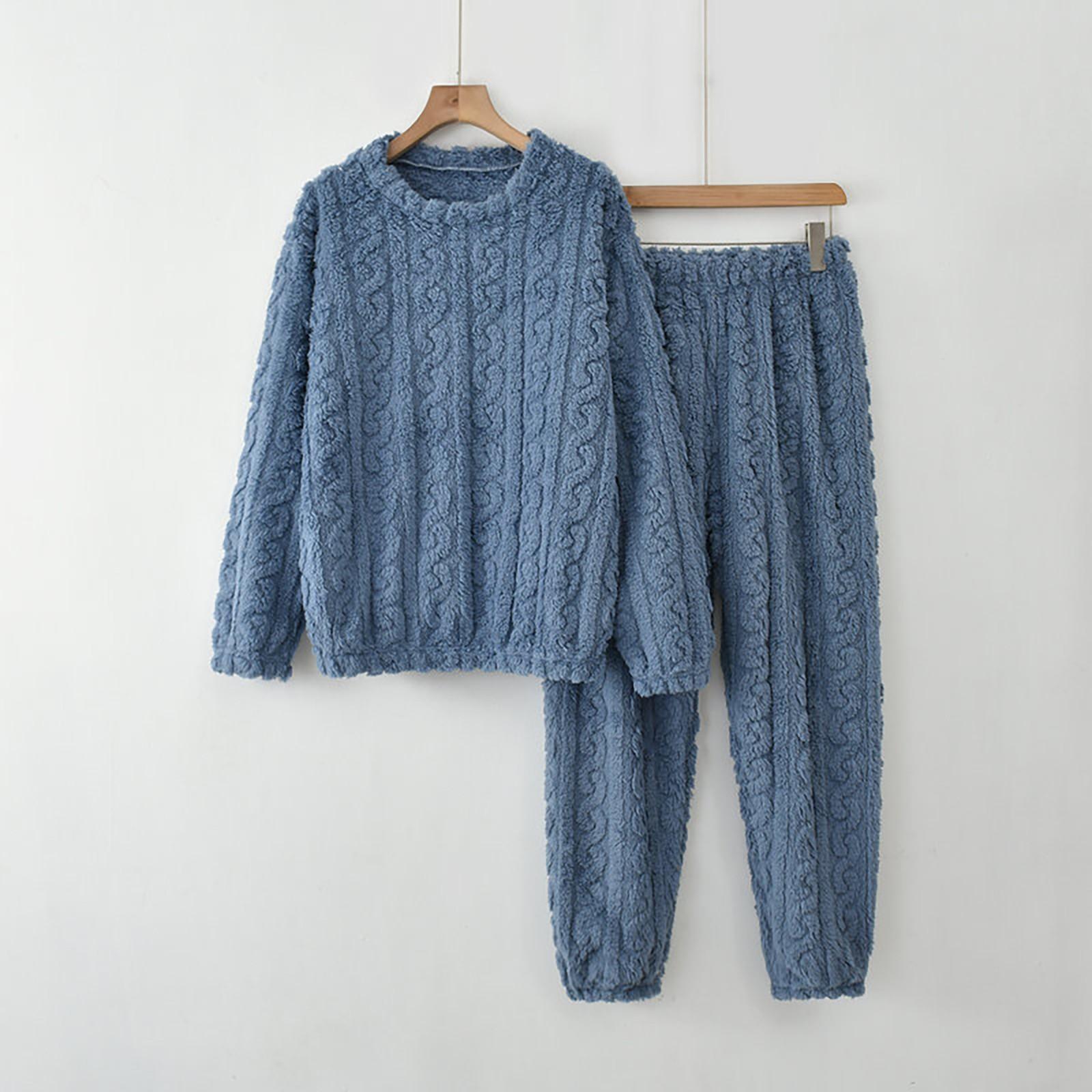 

Брюки с длинными рукавами из плюша и утолщения, домашняя одежда, повседневный свободный теплый костюм из двух частей большого размера One Size темно-синий