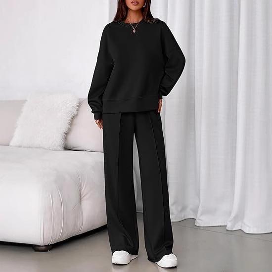Women's Crew Neck Long Sleeve Loose Fit Sweatshirt and Elastic Waist Wide Leg Pants Two Piece Tracksuit