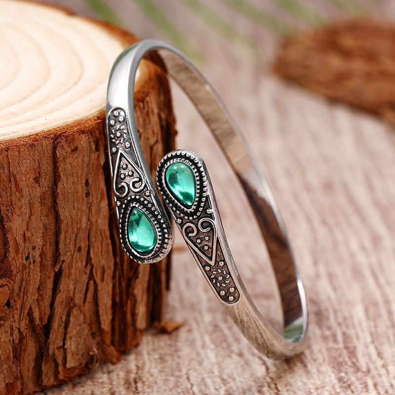 Vintage Ethnic Style Inlaid Imitation Natural Stone Bracelet Elegant Open Adjustable Cuff Bracelet Women Men Party Jewelry