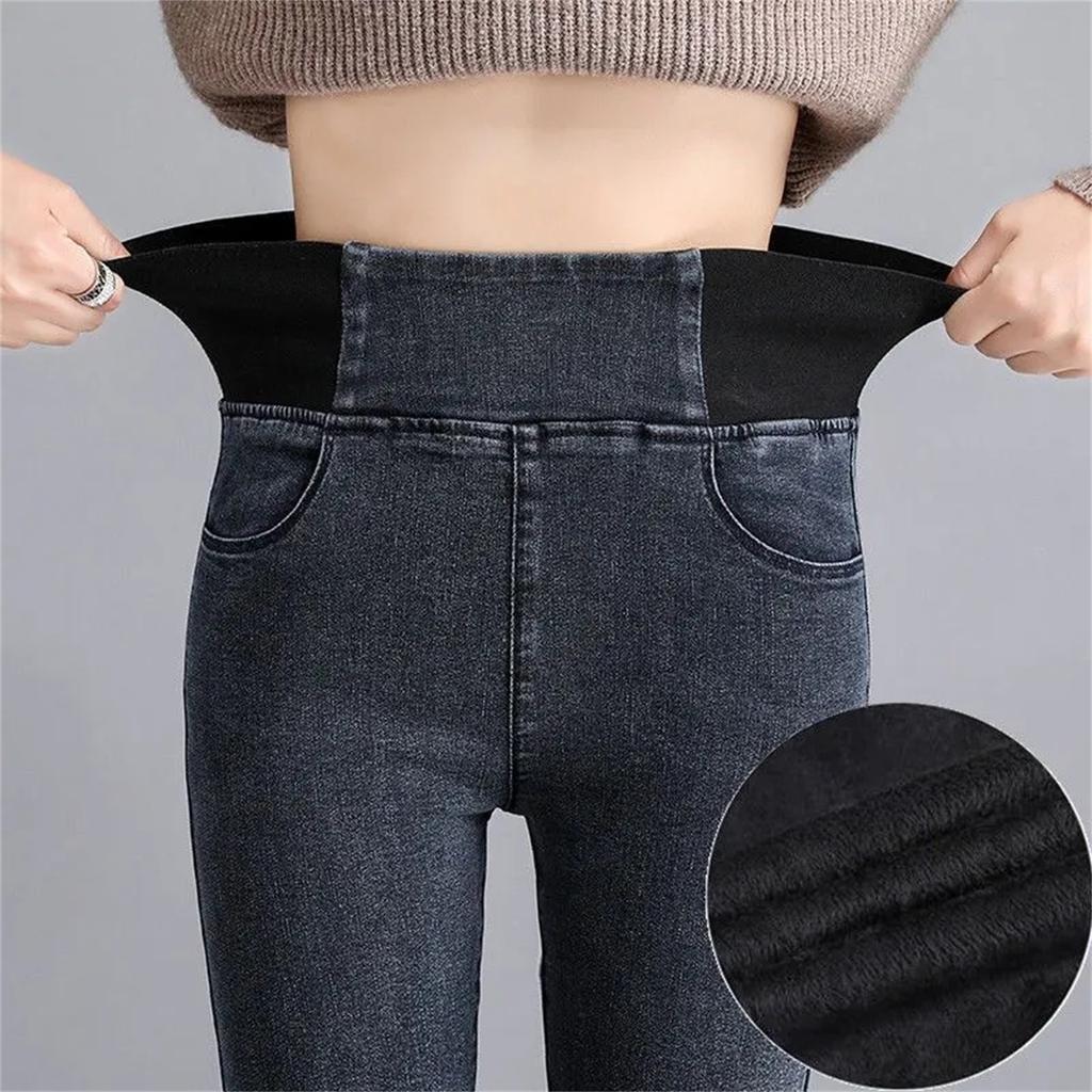 Módní ženy Plus Size Plus Velvet Elastické Ležérní džínové kalhoty s vysokým pasem