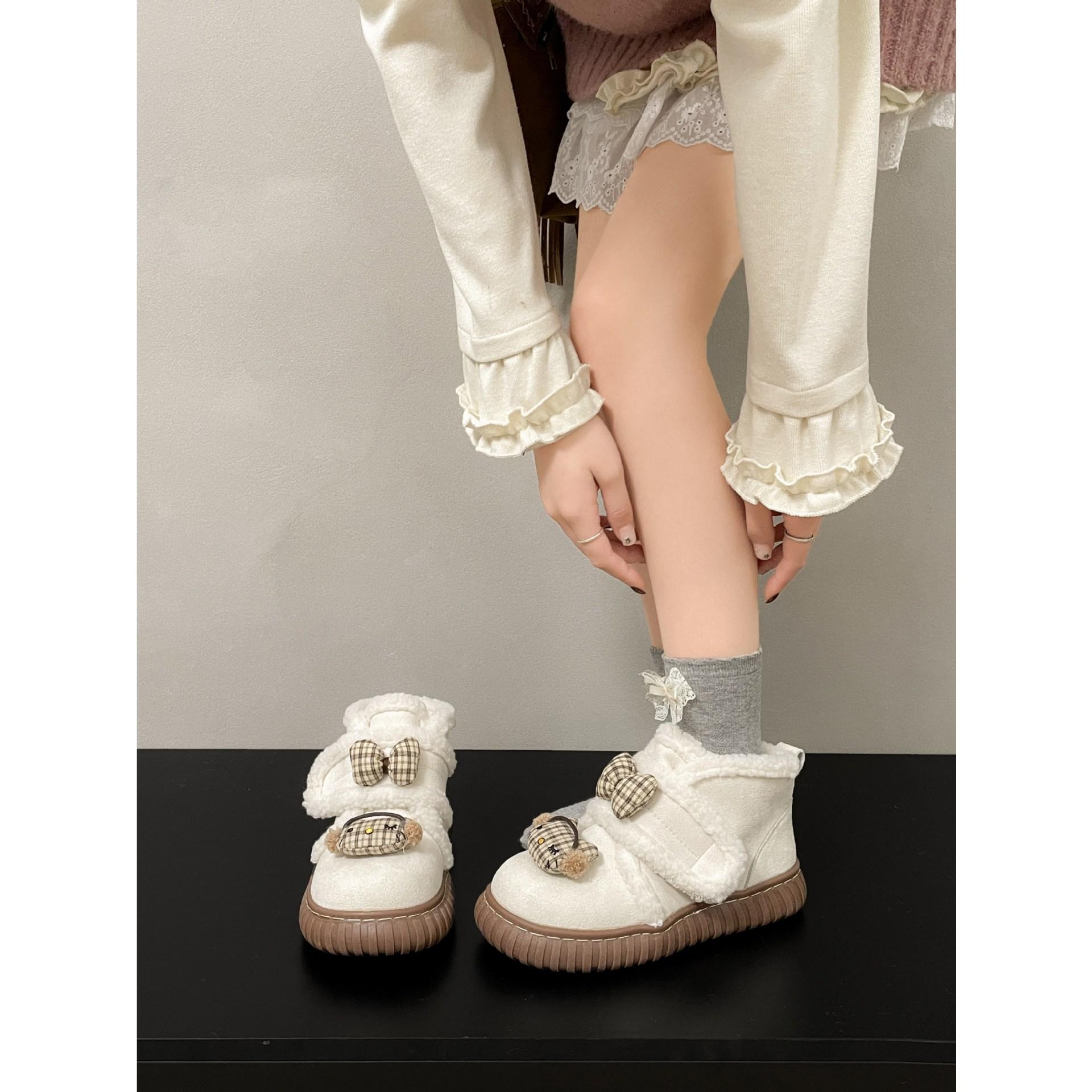 Cartoon white thick-soled velvet thickened snow boots 2025 winter small warm Birkenstock cotton shoes 35