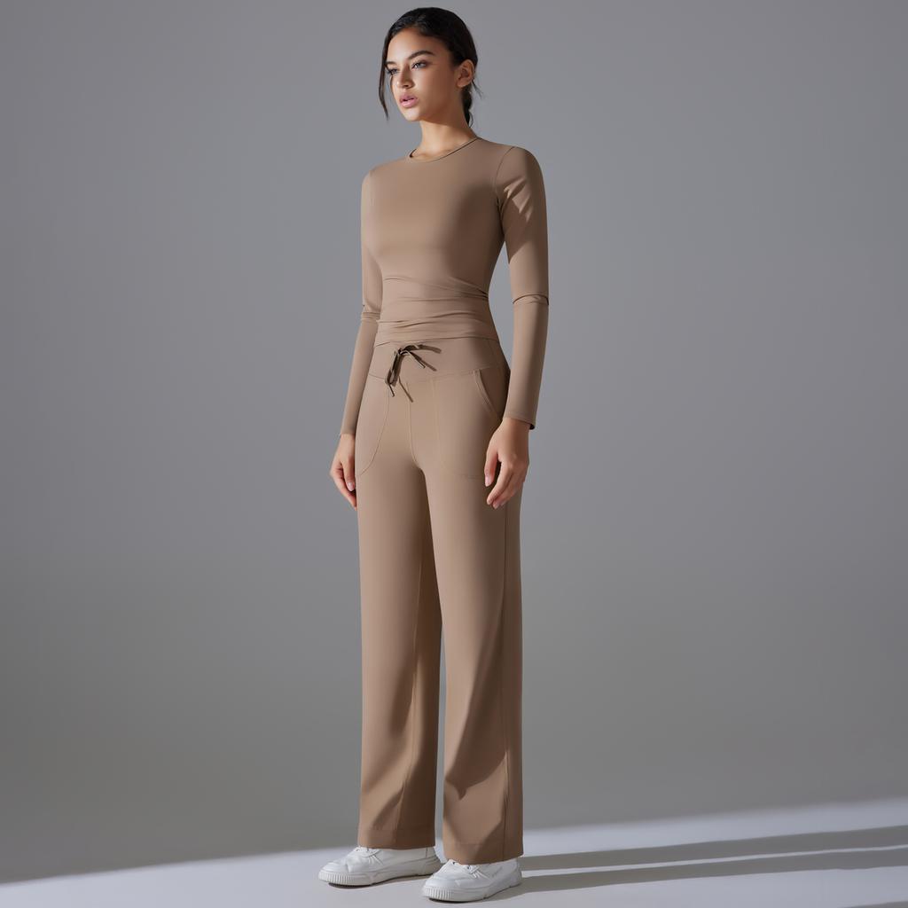 Auroth Long Sleeve Yoga Set With Pockets Women Workout Colthes Gym Top Wide Leg Fitness Pants Sportswear