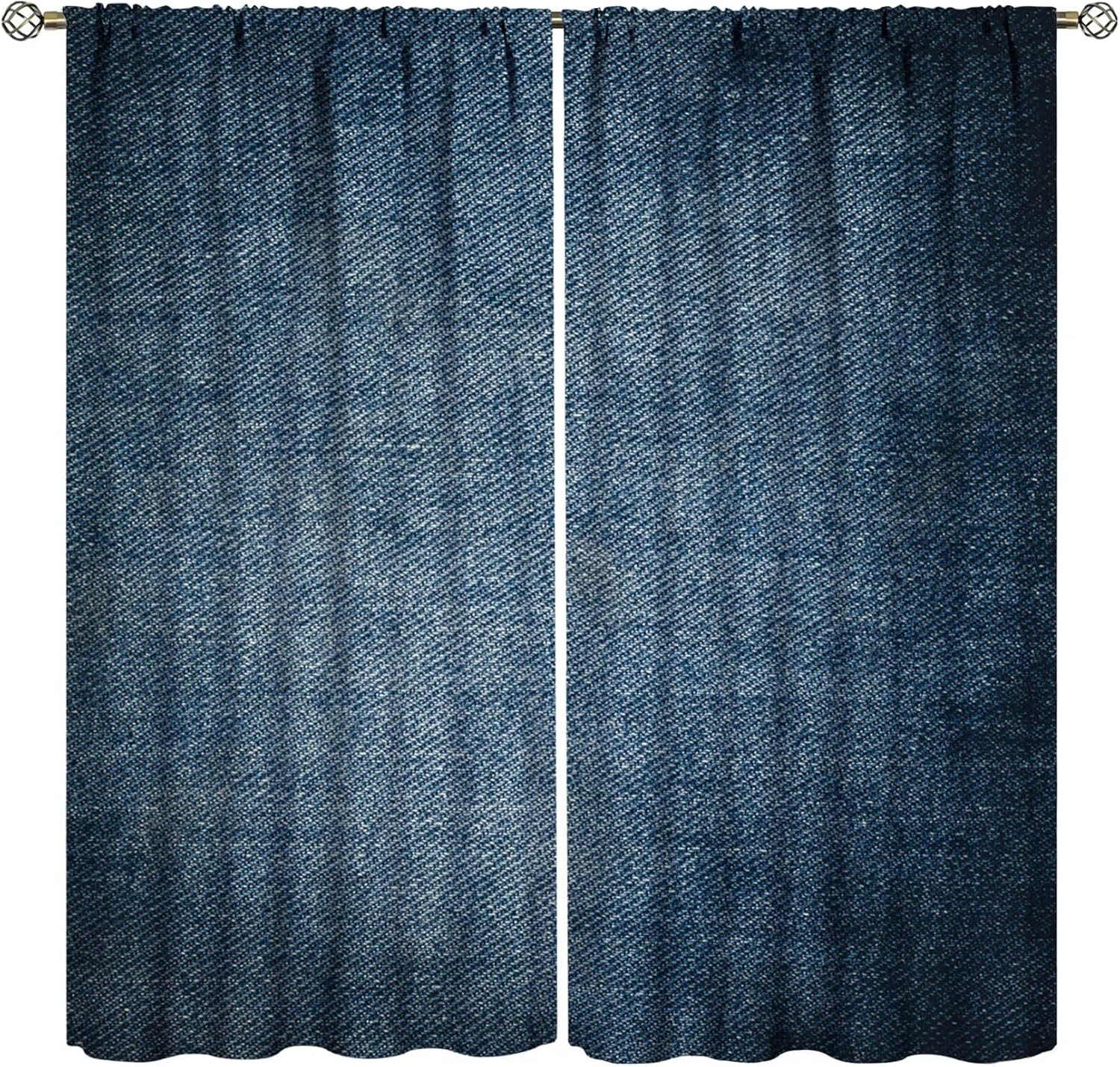 Moderne Jeans Gordijnen Denim Retro Western Cowboy Stijl Design Kunstprint Gordijn Slaapkamer Woonkamer Huis Met Stangzak Polyester Perfect Voor Ruimte W100*H130(CM)-Hooks&2PCS